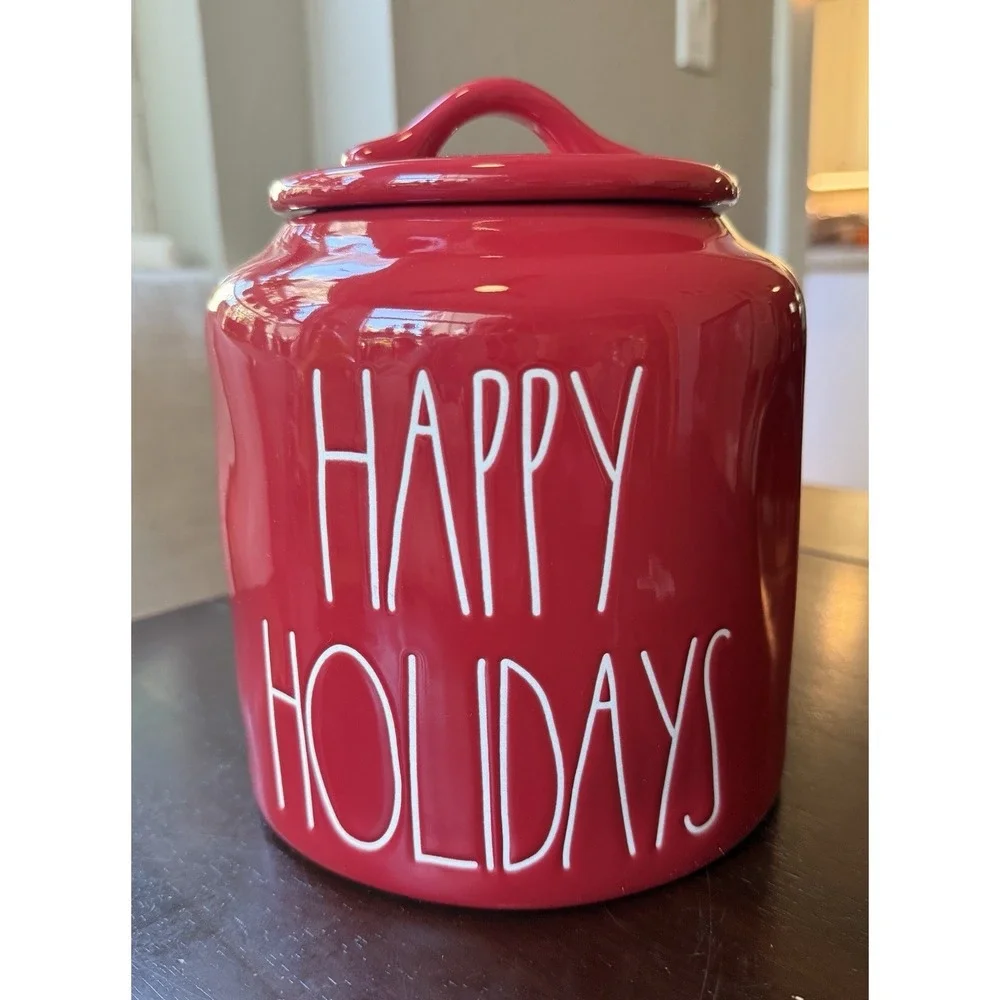 RAE DUNN Large Red Glossy HAPPY HOLIDAYS Canister, 8